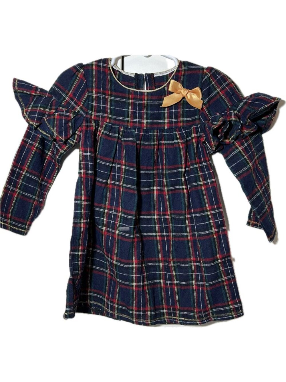 Mud Pie 12m 18m NWOT Christmas Holiday party dress navy tartan plaid gold bow
